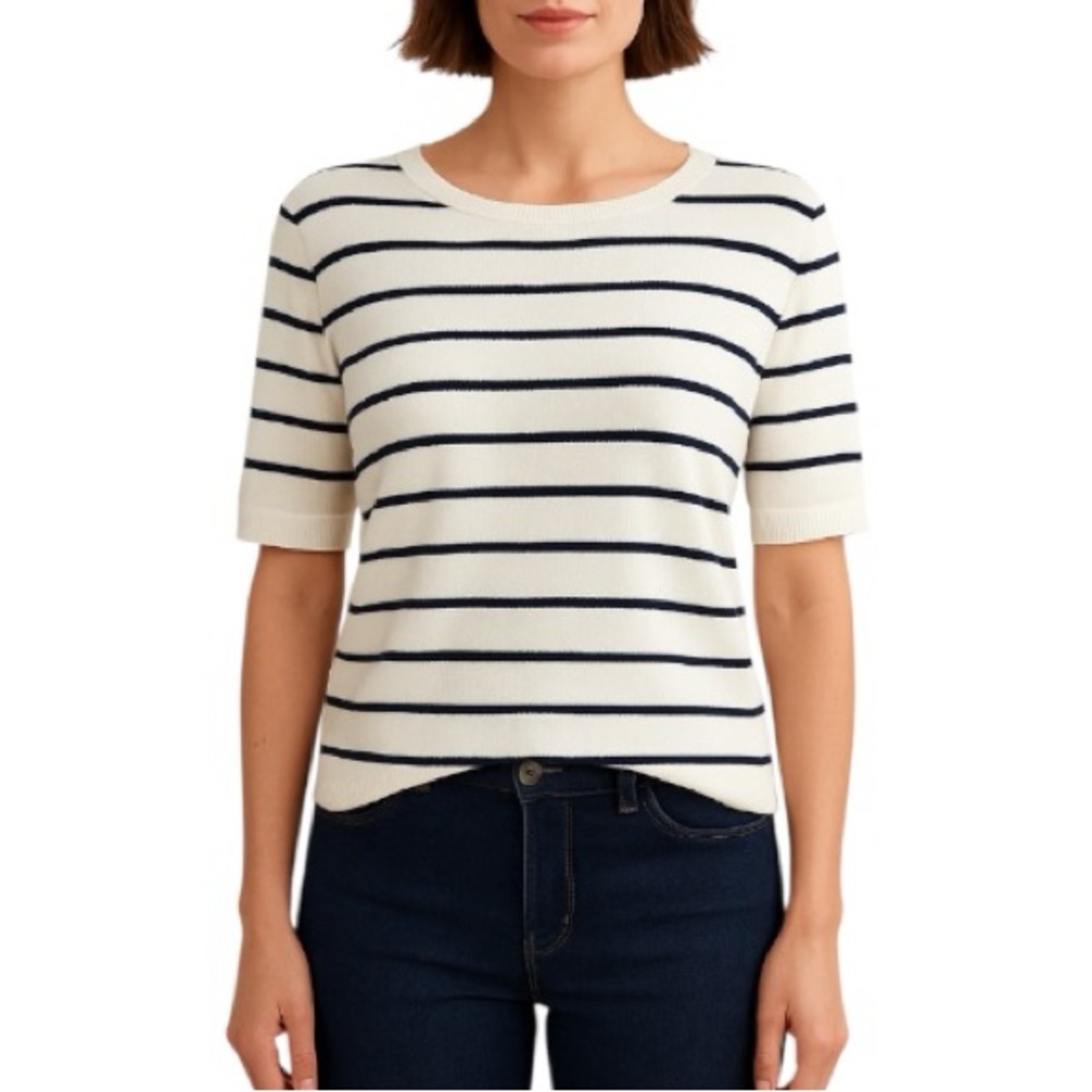 H&M Preppy Striped Short Sleeve Stretchy Knit Top M New England Coastal Nautical
